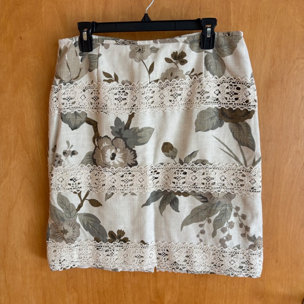 Monroe & Main‎ Womens Linen Floral Pencil Skirt Crochet Trim Sz 10